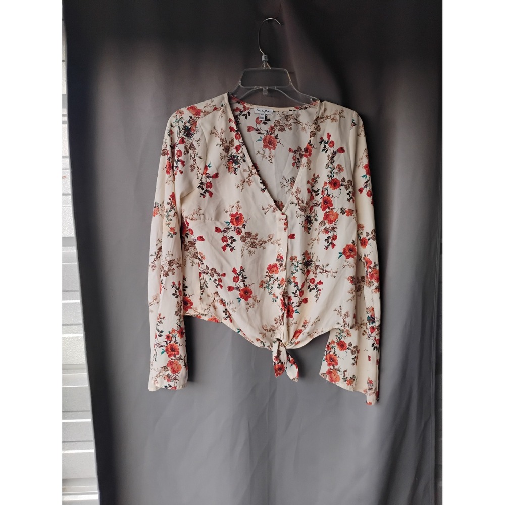 Love Fire Floral Tie Front Blouse Cream Red Orange Long Sleeve V-Neck Top Medium